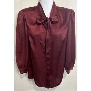 ModCloth Wine Satiny Silky Texture Neck Tie Bow Blouse S, Old Money Chic Career